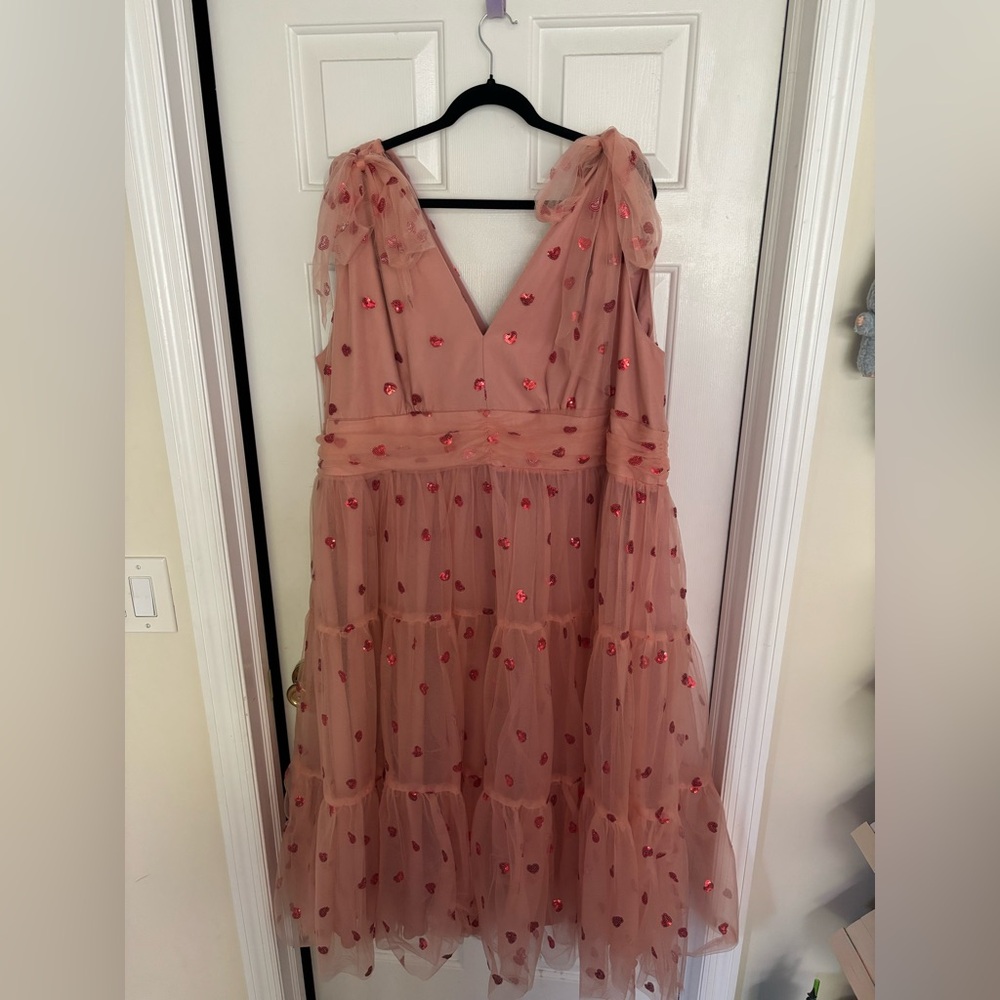 JessaKae Blush Pink Midi Dress with Red Sequin Accents